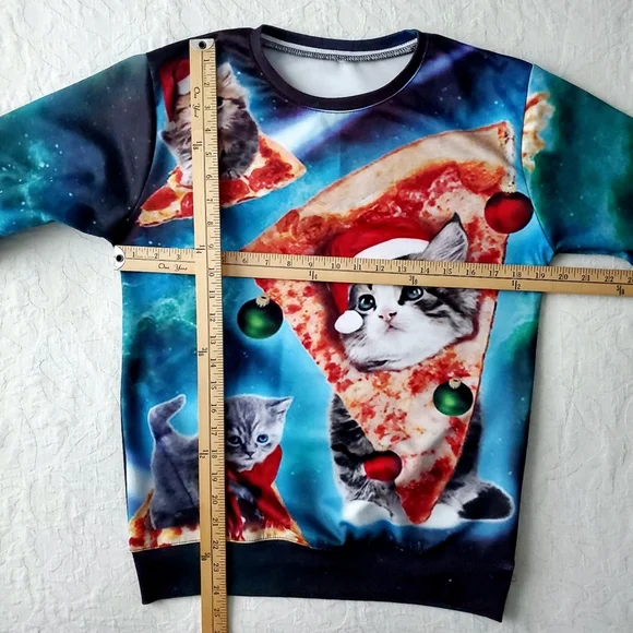 Cats & Pizza Blue Christmas Holiday Sweatshirt, Size Medium/ Large - Picture 11 of 12